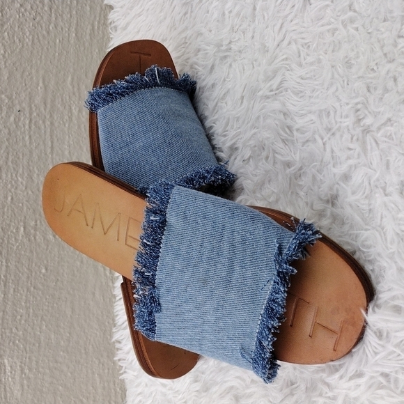 James Smith Blue Leather Fray Denim Fabric Upper Open Toe Slide Flat Sandal Shoe - Picture 2 of 15